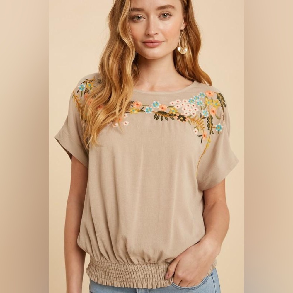 Make Me Smile Embroidered Top in Natural Sand